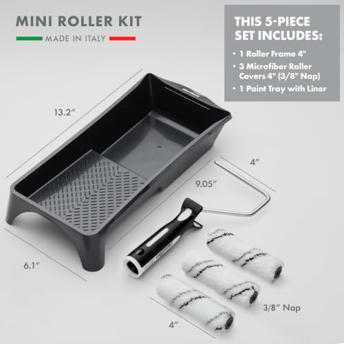 5-piece Mini Paint Roller Kit - Made in Portugal - 3 Premium 4” Microfiber Roller Covers, a Roller Frame, and a Paint Tray, for Professionals or Homeowners - size: 4" Paint Roller Kit (Set of 5)