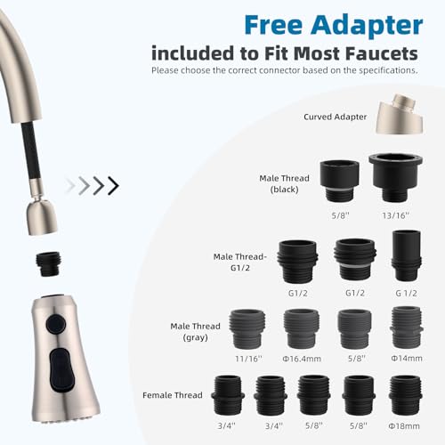 Hibbent Pull Down Kitchen Faucet Head Replacement with 15 Adapters - color: Brushed Nickel, style: Stay on sprayer without hold button