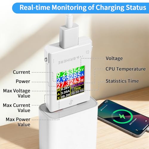 USB C Power Meter USB C Tester, USB Multimeter 6-Digit 4.5-50V 0-12A Two-Way Measurement Voltage Current Capacity Amp Volt Voltmeter Ammeter Detector Color Display Digital Tester for Chargers Cable - color: White