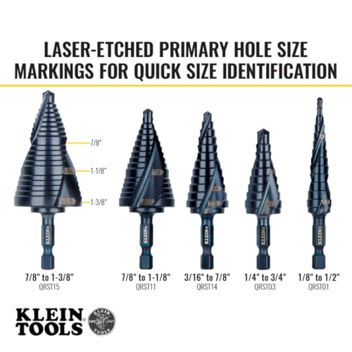 Klein Tools QRST15 Step Drill Bit, Quick Release Spiral Double-Fluted, 7/8 to 1-3/8-Inch, Hex Shank, Cut Steel, Wood, Plastic, Aluminum - size: 7/8 to 1-3/8-Inch, style: Quick Release