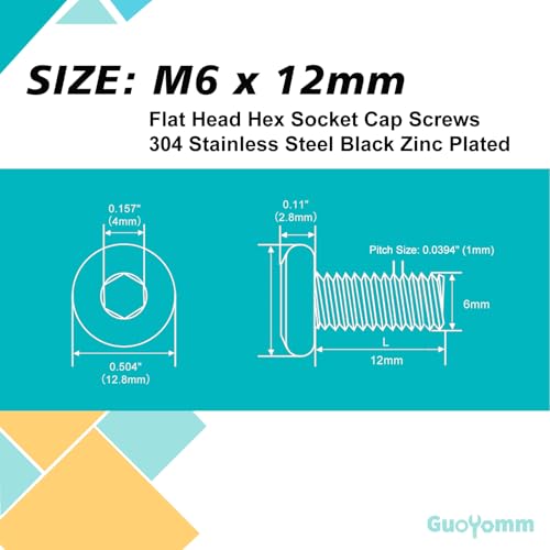 M6 x 12mm 40Pcs Flat Head Hex Socket Cap Screws, 304 Stainless Steel 18-8, Black Zinc Plated, Connection Furniture Bolts, Full Thread - size: M6 x 12mm(40PCS)
