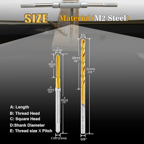 4-40 UNC Tap and #43 Drill Bit Set,M2 HSS Threading Drill and Tap Set - size: 4-40 UNC Tap & #43 Drill