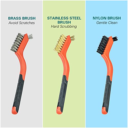 SALI 9pcs Wire Brushes for Cleaning Rust Removal Nylon/Brass/Stainless Steel Bristles with Curved Handle Grip for Dirt & Paint Scrubbing Removing Unfinished Metal Parts, Paint Stains Household Clean
