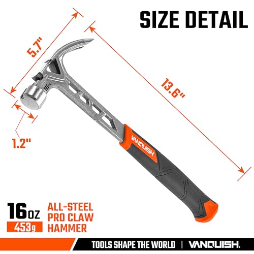 VANQUISH Framing Hammer 16oz One Piece Forged Curved Claw Hammer with Smooth Face & Shock Reduction Grip, Claw Hammer with Magnetic Nail Holder Side Nail Puller, 0627 - size: 16oz Smooth Face