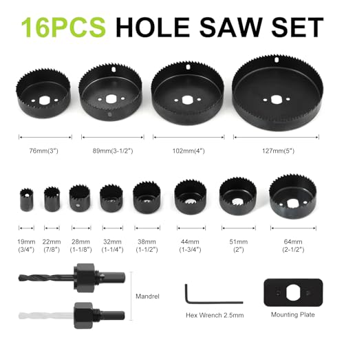 16-Piece Hole Saw Kit for Wood, Drywall & PVC, 3/4"-5" - size: Carbon Steel 16Pcs