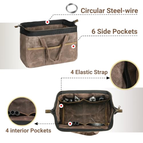 Tool Bag, 13-inch Heavy Duty 16oz Waxed Canvas Wide Mouth Water-Resistant Tool Bag, Tool Tote with Handle for Tools, Wrenches, Screwdrivers (13 X 7 X 9 inch) | Grey - color: Grey, size: 13 Inch