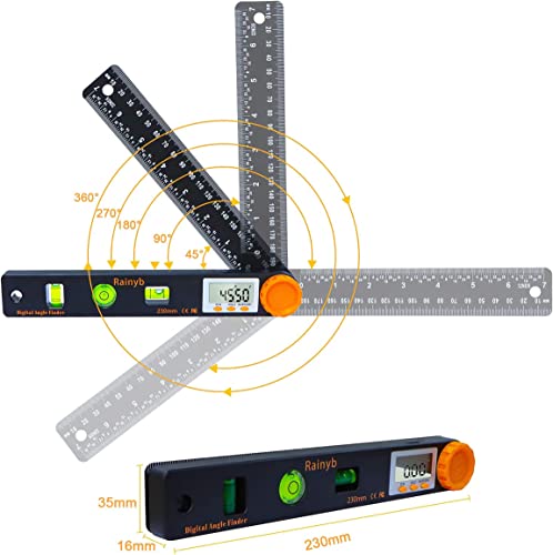 Rainyb Digital Angle Finder Tool 7inch 0-360 degree LED Digital Protractor with Horizontal Vertical Bubble Levels and Ruler Meter Accurate Tools for Carpenters,Woodworkers,Fabricators - style: 7inch Angle Finder X 1