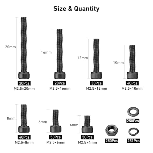 VGBUY 1001Pcs M2.5 Screws Kit,Black M2.5 Screws (7 Sizes 4-20mm),Hex Socket Head Cap Small Metric Bolts Nuts Assortment,12.9 Grade Alloy Steel,Black Oxide, 4/6/8/10/12/16/20mm - size: M2.5x4/6/8/10/12/16/20mm, style: Socket Head