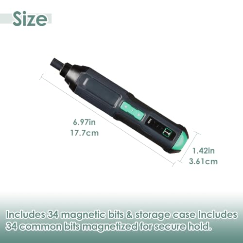 4V Cordless Electric Screwdriver Kit – USB‑C Rechargeable, Dual LED Light, 3 Torque/300RPM, 34-Pc Magnetic Bit Set and Case – Portable Mini Drill for Electronics, PC Repair, DIY Tools