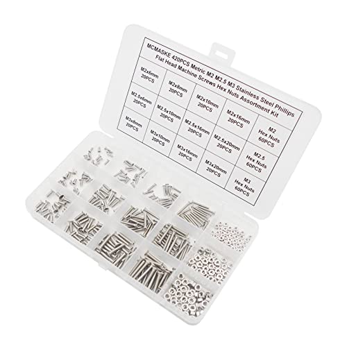 420PCS Metric M2 M2.5 M3 Stainless Steel Phillips Flat Head Machine Screws Hex Nuts Assortment Kit - size: M2/M2.5/M3