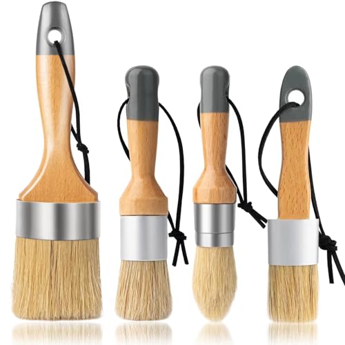Chalk and Wax Paint Brush Furniture Set of 4, Natural Bristles | Small Round and Large Oval Brush, for Painting or Waxing Furniture, DIY Use and Home Decor, Apply Chalk, Milk, or Latex Paint - size: 1 Large Oval + 3 Small Round, 4 Pack