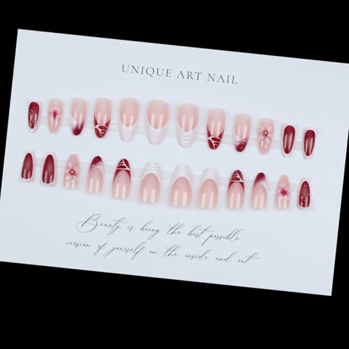 LPOODDNU 3D Flower Press on Nails Almond - Medium Red French Tip Fake Nails with Pearl Designs, Glossy Pink Finished Reusable False Nails with Adhesive Glue Tabs - 24Pcs Nail Kit for Women Manicure - color: red flower french tip