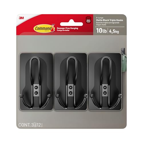 Command 10 lb X-Large Matte Black Triple Hooks, 3 Hooks and 12 Strips, Damage-Free Hanging with Adhesive Strips, No Tools Wall Hook for Hanging Decorations in Living Spaces - style: 3-Pack