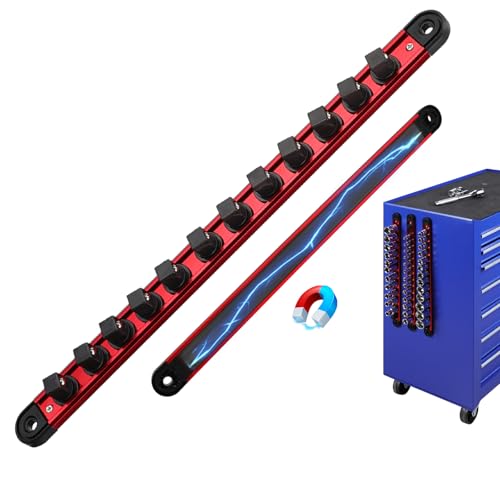 1/2-Inch Magnetic Socket Organizer Rail, Aluminum Alloy Socket Rail, Heavy Duty Sockets Holder with 12 Clips, 360° Swivel Clip Tool Tray, Sockets Organizer for Tool Box Drawer (Red) - style: Red 1/2-inch