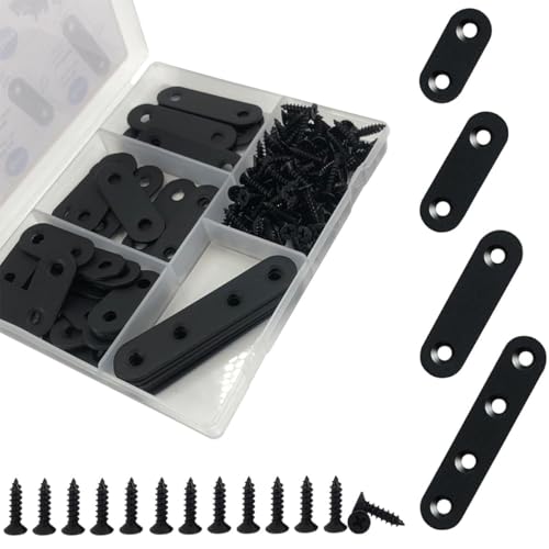 QSJ 40 Pack Black Corner Braces Flat Bracket Set 1.42/1.81/2.2/3inch Stainless Steel Metal Plate for Wood - size: 40Pcs Bracket Set (Strip-1.42/1.81/2.2/3'')