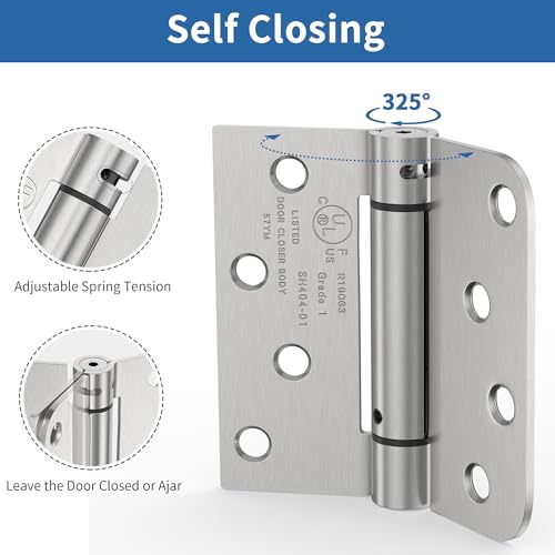 4 Inch Self Closing Door Hinges, Brushed Nickel Spring Loaded Hinges 2 Pack - color: Brushed Nickel, Square & 5/8" Radius, size: 4" 2 Pack