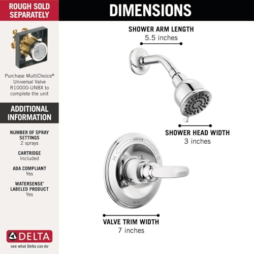 Delta Foundations 13 Series 2-Spray Shower Faucet Set, Chrome Shower Head and Handle Set, Valve Trim Kit, Chrome BT13210 (Valve Not Included) - color: Chrome