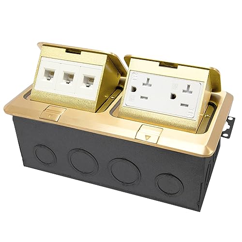 ENERLITES Dual Pop-Up Floor Box Kit 8.6"x4.75", 20A Outlet & RJ45, Brass - color: Brass-Data Port 8.68 X 4.75 in