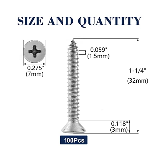 #7 x 1-1/4" Wood Screw 100Pcs 18-8 (304) Stainless Steel Screws Flat Head Phillips Fast Self Tapping Drywall Screws by SG TZH - size: #7 x 1-1/4"