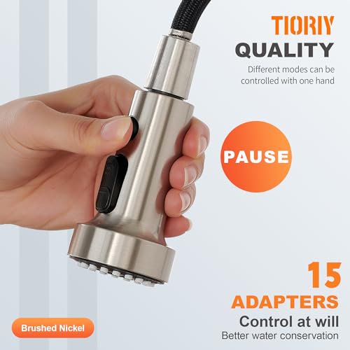 TIORIY with 15 Adapters Pull Down Kitchen Sink Faucet Head Replacement, 3 Functions Plastic Kitchen Sink Sprayer Nozzle Replacement for Kitchen Faucet, Pause Mode (Brushed Nickel) - color: Brushed Nickel, style: Pause