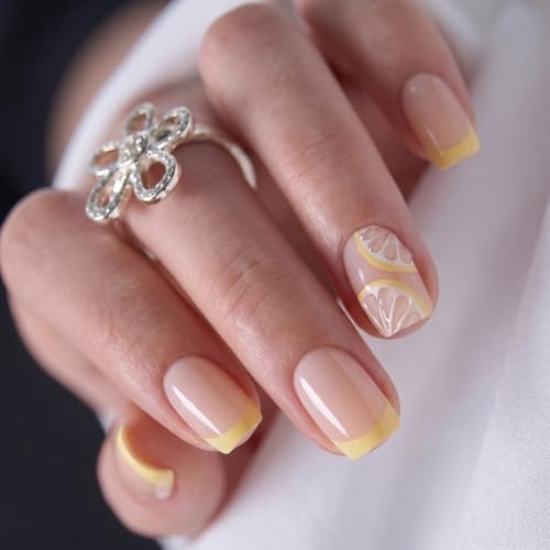 CurvLife Short Square French Tip Press On Nails, Crystal Whisper - color: Lemon Glaze