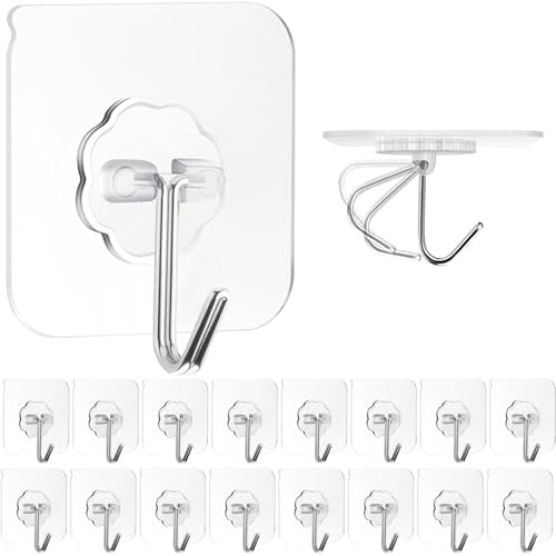 ZESLMG Adhesive Wall Hooks for Hanging, 16 Pack Self Sticky Hooks Heavy Duty 22lb Clear, Removable Shower Hook No Damage for Towel Key Coat Wreath Picture Outdoor Ceiling Bathroom Kitchen, Waterproof - size: 16 Regular Hook