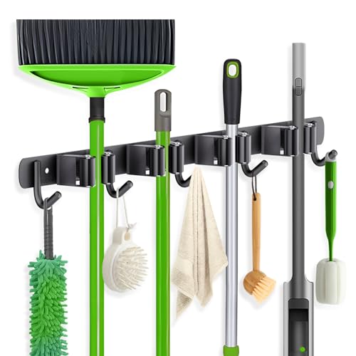 ZONGOOL Wall Mount Broom Holder 4 Racks 5 Hooks Metal Tool Organizer Black - color: Black, size: 1Pack 4R5H