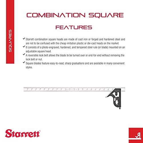 Starrett Steel Combination Square with Square Head - 24" Blade Length, Cast Iron Heads, Reversible Lock Bolt, Scriber, Spirit Level, 4R Graduation Type - 11H-24-4R