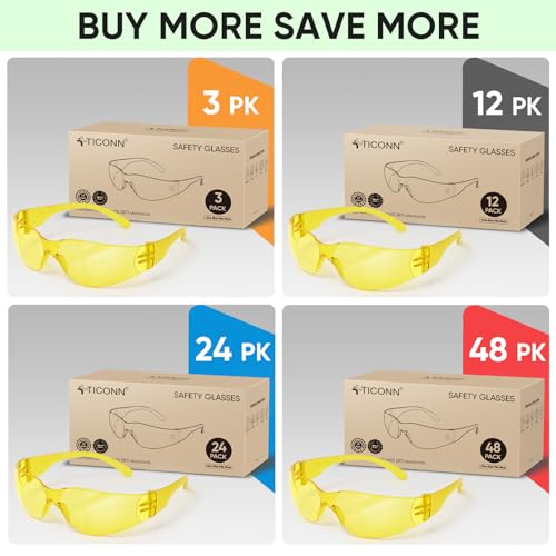 TICONN Clear Safety Glasses for Men & Women, ANSI Z87.1 Safety Goggles - style: 12 Pairs Yellow