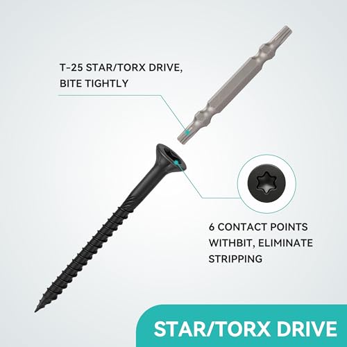 Wood Screws Black #10 × 2-1/4 inch Torx Star Drive Deck Screws Flat Head M5 × 60 Countersunk T25 Self Tapping Thread Cut 50pcs Carbon Steel Galvanized (50PCS/Small Box Black) - color: Black, size: #10×2-1/4