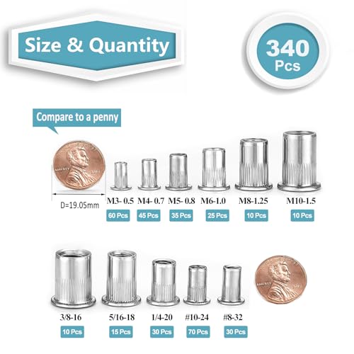 KADRICK 340pcs SAE & Metric Rivet Nut Kit,304 Stainless Steel Flat Head - size: SS Metric & SAE Kit 340Pcs