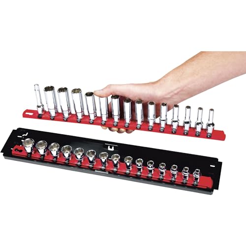 Heavy Duty Socket Organizer with Tray - Ernst Manufacturing 19-Inch Socket Boss 2-Row, 1/4-Inch-Drive Twist Lock Socket Holder, SAE, METRIC, Red (8452) - Automotive Industry - Made in USA, Patented - color: Red, size: 1/4", style: 19-INCH