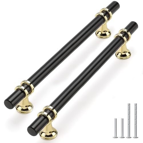 Rergy 10 Pack 6-1/4 Inch Hole Center Black and Gold Cabinet Handles - color: Black&Gold, size: 6-5/16in Hole Center(160mm)