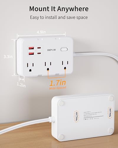 DEPOW 2 Prong to 3 Prong Adapter Power Strip-6 Outlets 4 USB Port (2USB-C - color: White, size: 5 FT(2 prong plug)