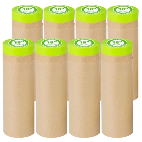 Tangibay Pre-Taped Masking Paper for Painting - 18 inch x 50 feet Tape and Drape Painters Paper, Paint Adhesive Protective Paper Roll for Covering Skirting, Frames, Cars and Auto Body (8 Rolls) - size: 8 Rolls: 18"