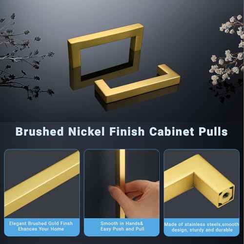 KNOBWELL 6Pack 3-3/4 Inch Brushed Gold Cabinet Pulls Stainless Steel Kitchen Cabinet Handles Square Drawer Pulls Modern Cabinet Hardware Handles，96mm Hole Centers - color: Brushed Gold, size: Hole Center:3-3/4 inch(96mm)
