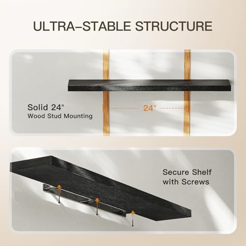 Amada 47 Inch Floating Shelves with Invisible Brackets, Set of 2, Black | Wall Shelves with Hidden Bracket, Solid MDF Wood, 22 lbs Max Load per Shelf, Easy to Assemble, Multi-Wall Compatible - color: Black, size: 47 inches