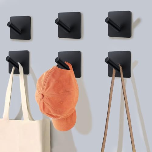 Adhesive Towel Hooks 6 Pack, Bath Towel Hooks, Adhesive Wall Hooks for Bathroom Coat Robe Kitchen, Stainless Steel self-Adhesive Hooks, Black - color: Cylinder