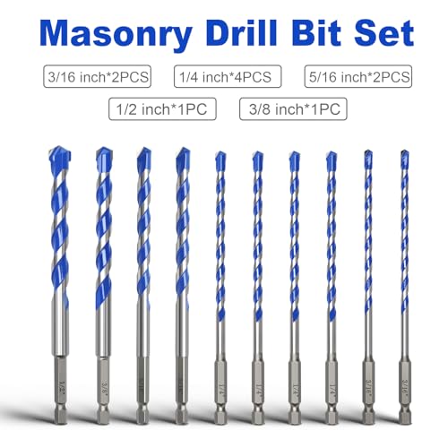 10 Pack 3/16 to 1/2 inch Concrete Drill Bit Set,Masonry Drill Bit Set - style: 3/16" - 1/2"（10 Pcs）