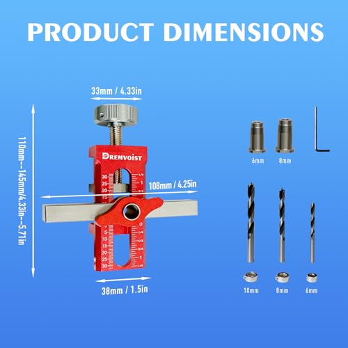 Cabinet Door Installation Jig 2-in-1, Mounting Tool with Adjustable Positioner,for Frameless Cabinets Only, Adjustable Aluminium Alloy Cabinet Hardware Jig,with 3 Drill Bits and Storage Bag
