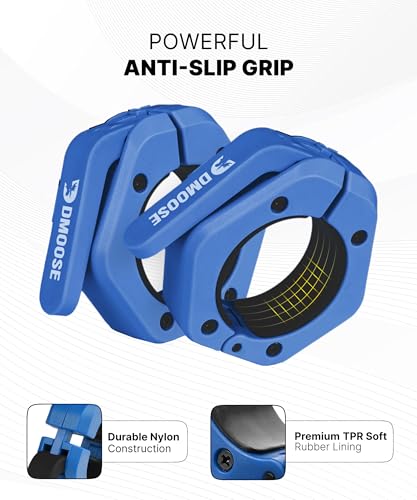 DMoose Fitness Barbell Clips 2 Inch (Pair) - Quick Release Olympic Barbell Clamps & Collars with Anti Slip TPR Grip for Secure Weightlifting and Powerlifting - Weight Clips for Bars at Home or Gym - color: Navy, style: Non Magnetic