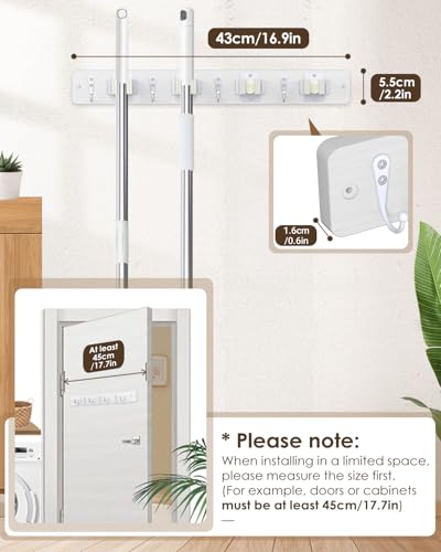 AceMining White Broom Holder Wall Mount, 4 Holders 4 Hooks Mop Holder - color: White, size: 1 Pack