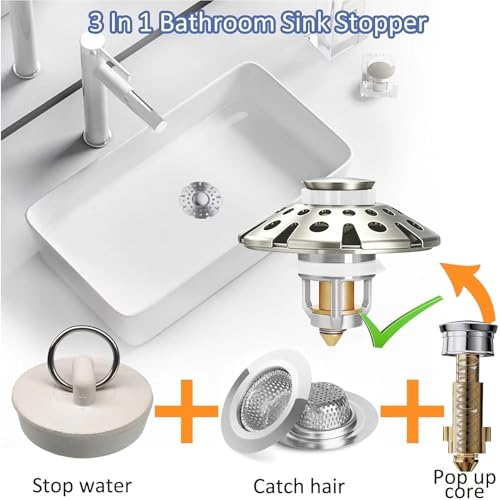 AzWzz Bathroom Sink Drain Strainer, 3 in 1 Pop Up Bathroom Sink Stopper - color: Brushed Nickel