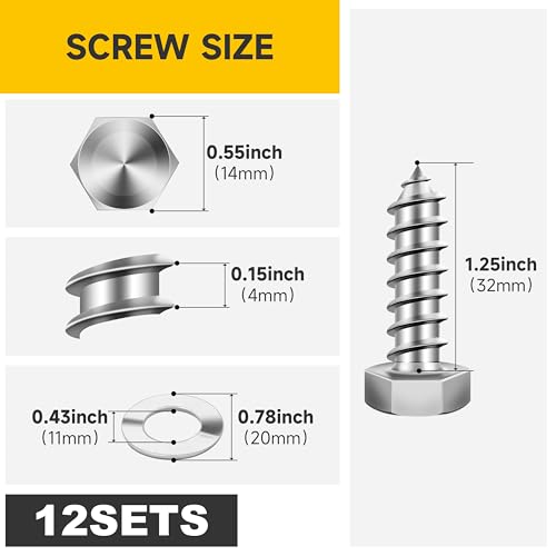 Mywish (12Sets) 3/8" x 1-1/4" Hex Head Lag Bolts, Heavy Duty Lag Screws with Washers, 304 Stainless Steel Bolts 18-8, Lag Screws Wood Screws, Full Thread Bright Finish, 3/8 Bolt - size: 3/8 x 1-1/4" (12 set)