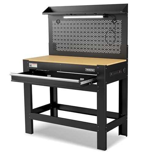 WORKPRO 45" Workbench with Pegboard, Power Outlet & LED Light - size: 48 inch