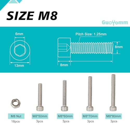 30PCS M8 x 50mm 60mm 70mm 80mm, Hex Socket Head Cap Screws Bolts Nuts Kit, Stainless Steel 304, Metric Allen Drive, Fully Threaded - size: Socket M8x50/60/70/80mm