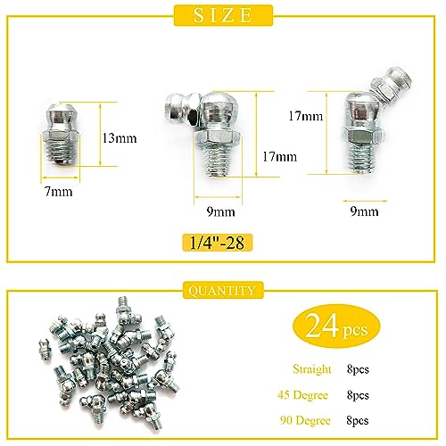 1/4"-28 24Pcs Grease Fitting Assortment Straight 45 90 Degree Grease Zerk Fittings, Galvanized Steel Grease Fittings and grease gun tips for Industrial/Agricultural Machinery Cars Ships ets - size: 1/4"-28 24Pcs