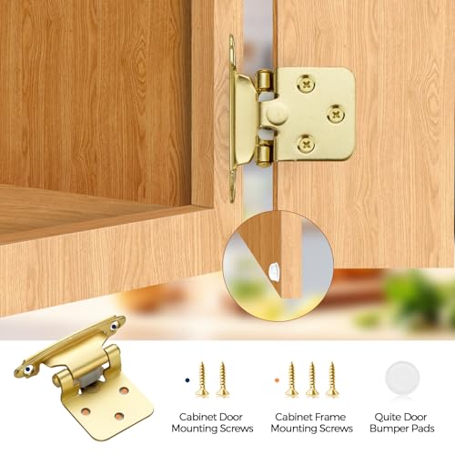 Gold Cabinet Hinges, 1/2 Inch Overlay, 10 Pack(5 Pairs) | Self-Closing Design, Semi-Concealed Face Frame Fit, Surface Mount, For Kitchen Doors, Cabinets, Hardware Updates - color: Gold