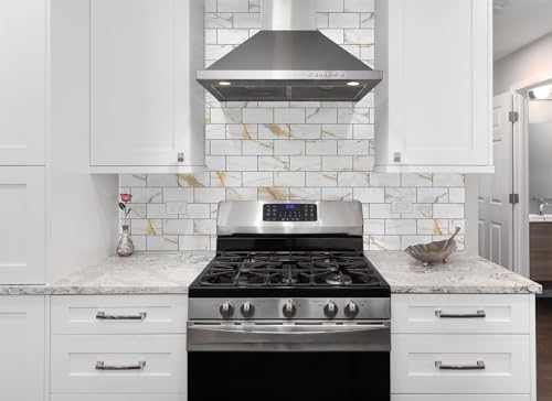 StyloVue 100 Pieces Peel and Stick Backsplash for Kitchen, 3" x 6" PVC Subway Tile Upgraded Calacatta Gold with Dark Gray Grout Backsplash Stick on Tile Elevate Kitchen, Bathroom, Fireplace,RV - color: Calacatta Gold