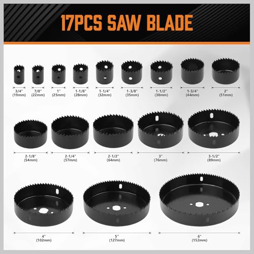 HORUSDY Hole Saw Set 24PCS Hole Saw Kit,Hole Saw Drill Bit Kit, 3/4"-6" (19-152mm) 17PCS Saw Blades, 2 Mandrels, 3 Drill Bit, Installation Plate, Hex Key, For Drywall, Soft Wood, Plywood, Plastic, PVC - style: 24-Piece Multi-Size Kit (Up to 6")
